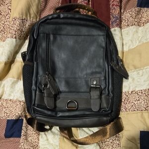 Black Faux Leather With Mesh And Brown Trim Backpack for Men